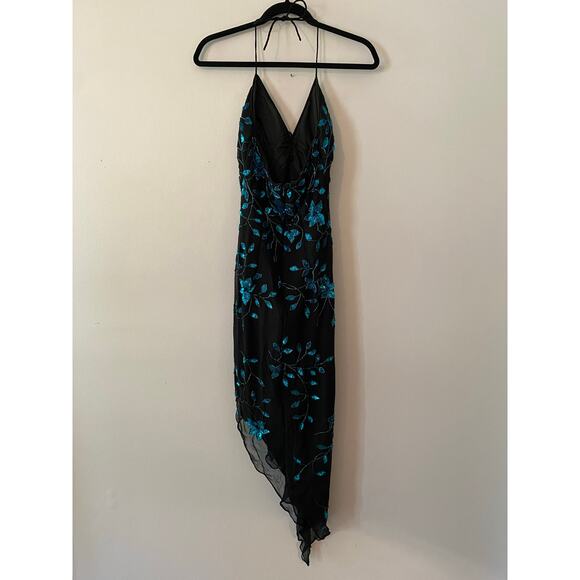 Cache Y2K Black Blue 100% Silk Beaded Floral Halter Midi Dress Women's size XS - Picture 7 of 12